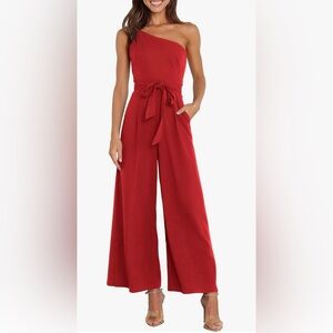 BLENCOT RED JUMPSUIT— One shoulder wide leg jumpsuit with pockets!  It’s a must!